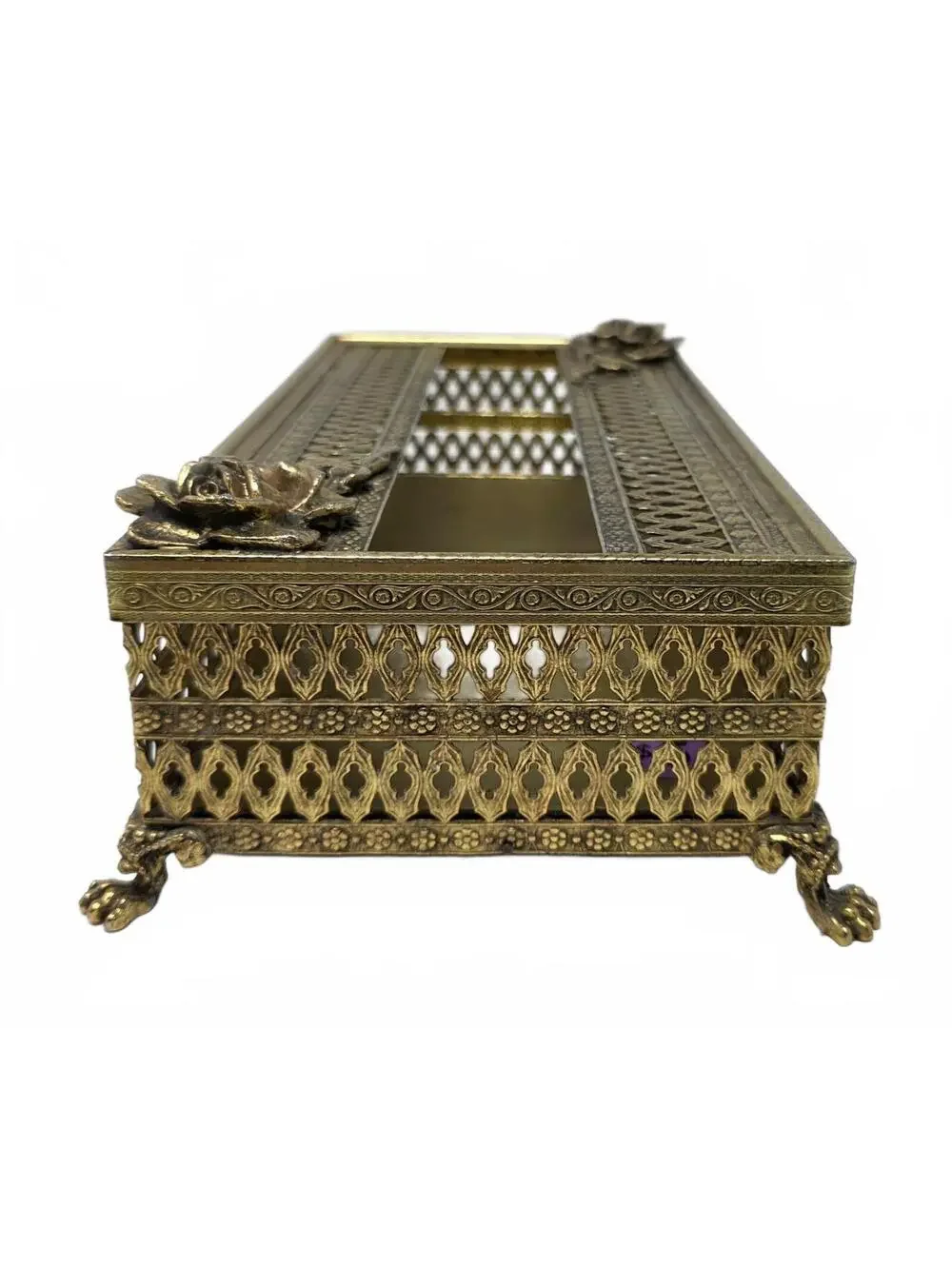 Vintage Gold-Tone Metal Filigree Tissue Box Cover Roses Hollywood Regency